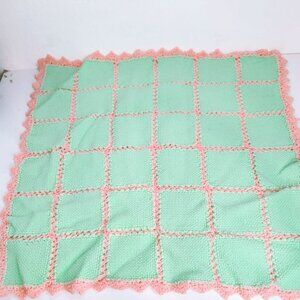 Vintage Hand-Crocheted Doll Blanket 25x25 Inches Green & Pink
